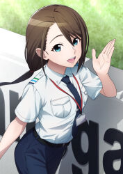  1girl :d belt black_belt blue_eyes blue_pants breast_pocket breasts brown_hair collared_shirt from_above hand_up highres jaxa long_hair looking_at_viewer necktie open_mouth pants pocket ponytail robotics;notes science_adventure shirt shirt_tucked_in short_sleeves shoulder_boards small_breasts smile solo taba_neruko tennouji_nae tennouji_nae_(robotics;notes) tongue waving white_shirt 