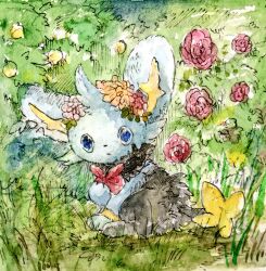  blue_eyes bow bush closed_mouth commentary_request flower full_body grass head_wreath highres looking_at_viewer mint_nappa no_humans outdoors painting_(medium) pokemon pokemon_(creature) red_bow red_flower shinx traditional_media watercolor_(medium) 