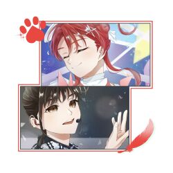  2girls animification brown_eyes brown_hair closed_eyes closed_mouth feathers fingernails hair_bun hand_up headset highres love_live! love_live!_superstar!! multiple_girls open_mouth paw_print real_life red_feathers red_hair second_sparkle short_hair_with_long_locks smile special_color_(love_live!) split_mouth teeth upper_teeth_only voice_actor voice_actor_connection wotaku_jinsei_enjoy_ikioi yabushima_akane yoneme_mei 