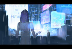  2boys billboard commentary crossdressing crossdressing_(mtf) cyberpunk dress english_text facing_away gundam gundam_00 huangdanlan letterboxed lockon_stratos male_focus multiple_boys purple_hair rain sign tieria_erde trap white_dress 