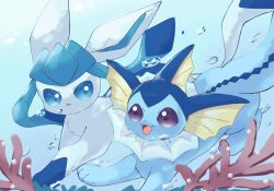  animal_focus blue_eyes bubble commentary_request coral glaceon highres maaari_pkmn no_humans open_mouth pokemon pokemon_(creature) pokemon_focus smile swimming underwater vaporeon violet_eyes 