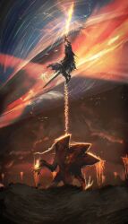  1other animal armor cape cerberus chain_whip dog elden_ring elden_ring_nightreign extra_arms full_armor gauntlets giant giant_monster gladius_(elden_ring) graffitigw greatsword helmet heolstor_the_nightlord highres holding holding_sword holding_weapon monster multiple_heads purple_cape spiked_helmet sword triple_wielding weapon weapon_in_mouth 