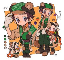  1boy 1girl alternate_costume bear_hat black_hair boots brown_boots brown_eyes brown_hair brown_shirt closed_mouth flat_color from_behind gloves green_pants green_vest grey_gloves hand_up hat kamado_nezuko kamado_tanjirou kimetsu_no_yaiba long_hair multiple_views pants pink_eyes shirt short_hair standing vest zettai_22 