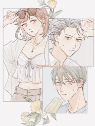  eyewear_on_head food fruit glasses grey_hair highres konno_tamao lemon lemon_slice pink_hair popsicle protagonist_(tokimemo_gs3) shirt shitara_seiji tank_top tokimeki_memorial tokimeki_memorial_girl&#039;s_side tokimeki_memorial_girl&#039;s_side_3rd_story white_shirt 