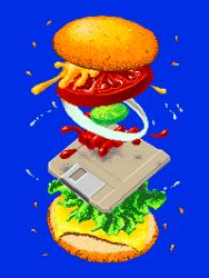  blue_background bread_bun burger cheese derivative_work floating_food floppy_disk food food_focus graphicraft_(medium) ham highres jack_haeger ketchup lettuce making-of_available mustard no_humans onion original photoshop_(medium) pickle sesame_seeds simple_background tomato water_drop xboxahoy 