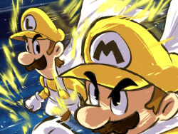 2boys alternate_color brothers brown_hair cape facial_hair gloves hat highres luigi mario mario_&amp;_luigi_rpg masanori_sato_(style) multiple_boys mustache newsboy_cap overalls shirt short_hair siblings super_mario_bros. super_mario_bros_z super_saiyan white_cape white_gloves white_overalls yamari_(ya_mari_6363) yellow_hat yellow_shirt 