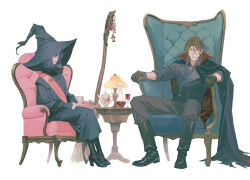  1boy 1girl armchair black_boots black_cape black_dress black_gloves boots broom brown_hair cape chair commentary cup dress english_commentary fur-trimmed_dress fur_trim genderswap genderswap_(mtf) gloves gundam gundam_00 hat high_collar high_heel_boots high_heels holding holding_cup huangdanlan lamp lockon_stratos pink_sash purple_hair red_eyes sash sitting tea teacup teapot tieria_erde vampire_costume witch_hat 
