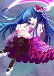  1girl blue_eyes blue_hair crossed_legs dress fang floral_print flower furudo_erika hair_flower hair_ornament mary_janes open_mouth pantyhose print_legwear rose sakurazawa_izumi scythe shoes smile twintails umineko_no_naku_koro_ni wide_sleeves 