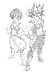  1boy 1girl absurdres arm_warmers bardock boots commentary_request cross_scar dragon_ball dragon_ball_minus dragon_ball_z earrings full_body gloves greyscale hands_on_own_hips highres jewelry knee_pads leggings leotard momo_oddeye monkey_boy monkey_girl monkey_tail monochrome muscular muscular_male saiyan saiyan_armor scar scouter seripa short_hair single_thighhigh spiky_hair tail tail_around_own_waist thigh-highs white_background 