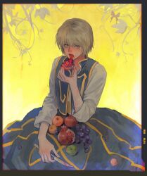  1boy apple blonde_hair blue_vest border commentary food fruit grapes grey_border highres holding holding_food holding_fruit huangdanlan hunter_x_hunter kurapika long_sleeves looking_at_viewer male_focus open_mouth orange_(fruit) pomegranate shirt solo vest white_shirt yellow_background 