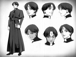  1boy 63roku63 black_hair black_robe chrollo_lucilfer clerical_collar cross_tattoo earrings facial_mark forehead_mark forehead_tattoo full_body greyscale highres hunter_x_hunter jewelry male_focus monochrome priest robe simple_background tattoo 