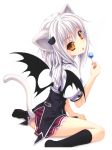  1girl absurdres animal_ears ass bat_wings candy cat_ears cat_hair_ornament cat_tail food hair_ornament high_school_dxd highres lollipop looking_at_viewer miyama-zero no_shoes official_art saliva saliva_trail school_uniform short_hair silver_hair simple_background sitting socks solo tail toujou_koneko white_background wings yellow_eyes 