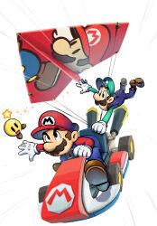 1girl 2boys :d blue_overalls brothers brown_hair brown_shoes driving facial_hair gloves go-kart green_hat green_shirt hat highres holding long_sleeves luigi mario mario_&amp;_luigi:_paper_jam mario_&amp;_luigi_rpg mario_kart motor_vehicle multiple_boys mustache open_mouth outstretched_arm overalls paper_mario_(character) parachute red_hat red_shirt shirt shoes short_hair siblings sitting smile sparkle standard_8_(mario) starlow super_mario_bros. white_background white_gloves yamari_(ya_mari_6363) 
