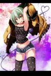  1girl armpits black_legwear eyeball green_eyes green_hair heart_print highres komeiji_koishi letterboxed long_hair midriff navel panties s-syogo short_shorts shorts smile solo thigh-highs third_eye touhou underwear 