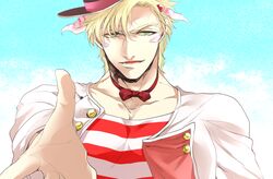  1boy blonde_hair bowtie caesar_anthonio_zeppeli facial_mark hat jacket jojo_no_kimyou_na_bouken looking_at_viewer outstretched_hand pov pov_eye_contact s_gentian solo white_jacket 