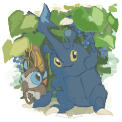  animal_focus beautifly beetle blue_eyes bug butterfly claws closed_mouth colored_sclera flower heracross highres horns insect_wings kusuburu11 leaf looking_at_viewer no_humans outdoors pokemon pokemon_(creature) pokemon_focus single_horn smile wings yellow_sclera 
