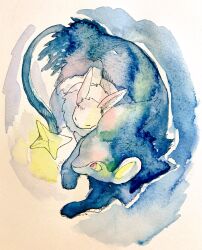  alternate_color animal_focus closed_eyes commentary_request eevee full_body highres luxray mint_nappa no_humans painting_(medium) pokemon pokemon_(creature) red_eyes shiny_pokemon simple_background sleeping traditional_media watercolor_(medium) 