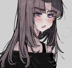  1boy ayase_ayato_(imamiya_pinoko) black_hair fang highres imamiya_pinoko long_hair original portrait simple_background skin_fang sweat thick_eyebrows trap violet_eyes 
