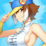  1girl adjusting_clothes adjusting_hat animal_ears bare_shoulders baseball_cap blazblue breasts brown_eyes brown_hair bust chinese_clothes hat highres looking_at_viewer makoto_nanaya multicolored_hair purinnssu short_hair sideboob smile solo squirrel_ears street_fighter street_fighter_iii taut_clothes two-tone_hair white_hair yun_lee yun_lee_(cosplay) 