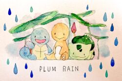  bulbasaur charmander claws commentary english_commentary english_text fire flame-tipped_tail leaf_umbrella mint_nappa no_humans painting_(medium) pokemon pokemon_(creature) rain simple_background smile squirtle starter_pokemon_trio tail traditional_media watercolor_(medium) 