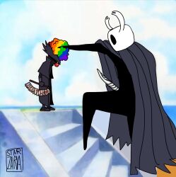  1boy 1other ambiguous_gender artist_name black_capelet black_coat black_skin bloodborne capelet clouds cloudy_sky clown_nose clown_wig coat colored_skin commentary day derivative_work english_commentary grey_cloak hand_on_another's_head hat highres holding holding_weapon hollow_eyes hollow_knight horned_mask hunter_(bloodborne) knight_(hollow_knight) looking_at_another looking_down mask on_stairs one_piece pure_nail_(hollow_knight) saw saw_cleaver scene_reference sky standing starzaria tricorne weapon 