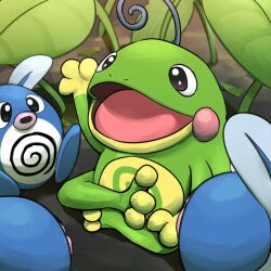  absurdres blue_skin colored_skin green_skin highres leaf no_humans open_mouth pokemon pokemon_(creature) politoed poliwag sitting spicyichizo 
