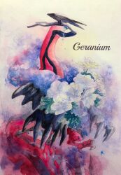  blue_eyes claws commentary_request crying flower geranium highres mint_nappa no_humans painting_(medium) pokemon pokemon_(creature) solo tears traditional_media watercolor_(medium) white_flower yveltal 