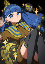  144udy 1girl absurdres belt black_thighhighs blue_eyes blue_hair blunt_bangs blush brown_shirt brown_shorts closed_mouth collared_shirt gold_tiara highres looking_at_viewer lying mark_under_both_eyes michigami_nareko on_back shirt short_sleeves shorts smile solo star_(symbol) thigh-highs thighs touhou 