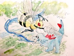  beedrill breath_weapon commentary_request full_body highres mint_nappa no_humans open_mouth outdoors painting_(medium) pokemon pokemon_(creature) red_eyes sharp_teeth stab teeth totodile traditional_media water_drop water_gun_(pokemon) watercolor_(medium) 