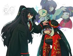  1boy 1girl 1other ? @_@ anger_vein black_coat black_dress black_eyes black_hair breasts chinese_clothes coat collared_shirt dante_(limbus_company) double_bun dress emerald_kitty hair_bun headpat high_ponytail highres hong_lu_(project_moon) jia_xichun_(project_moon) limbus_company long_hair long_sleeves looking_at_another looking_at_viewer multicolored_hair necktie open_mouth pink_eyes ponytail project_moon red_necktie red_shrug remembering shirt siblings simple_background standing streaked_hair tearing_up twintails upper_body white_background white_shirt 