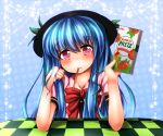  1girl blue_hair bow food_in_mouth hat hinanawi_tenshi long_hair looking_at_viewer pretz red_eyes smile solo t.m_(aqua6233) touhou 