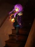  1girl borrowed_character candle candlelight full_body ghost green_eyes hand_in_pocket isabelle_(acerailgun) long_hair original purple_hair scarf skirt solo stairs striped striped_scarf walking watermark web_address 