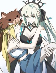  2girls alizi795 animal_hood artoria_caster_(fate) artoria_pendragon_(fate) black_bow black_dress black_tiara blonde_hair blue_eyes boar_hood bow dress fate/grand_order fate_(series) green_eyes hair_between_eyes hair_bow highres hood long_hair morgan_le_fay_(fate) morgan_le_fay_(third_ascension)_(fate) multiple_girls ponytail simple_background spikes tiara very_long_hair white_background white_hair 