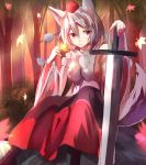  1girl animal_ears autumn_leaves breasts detached_sleeves forest hat hizagawa_rau inubashiri_momiji large_breasts long_sleeves looking_at_viewer nature red_eyes shirt sideboob silver_hair sitting skirt solo sword tail tokin_hat touhou weapon wide_sleeves wolf_ears wolf_tail 