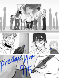  alien_stage carrying child commentary dated english_commentary highres holding holding_marker holding_pants hood hoodie hyuna_(alien_stage) isaac_(alien_stage) marker mojong_sap mural pants piggyback ponytail scar scar_on_face shirt signature sitting spot_color stool till_(alien_stage) unworn_pants writing 