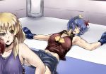  2girls blonde_hair blood blood_on_face boxing boxing_gloves boxing_ring breasts hair_ornament large_breasts long_hair lying moriya_suwako multiple_girls no_hat open_mouth purple_hair short_hair sweat tobisawa touhou unconscious yasaka_kanako yellow_eyes 