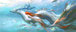  1girl absurdres animal blue_horns breasts chinese_commentary claws day dragon dragon_horns eastern_dragon eastern_dragon_horns facial_hair fantasy fins fish highres horns impasto leo-dont-want-to-be-a-painter long_hair mermaid monster monster_girl mustache ocean orange_hair original outdoors scales scenery submerged swimming underwater very_long_hair water 