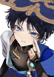  1boy anemo_symbol_(genshin_impact) arm_at_side armor black_bodysuit black_bow black_hair black_rope blue_cape blue_hat blue_kimono blue_sash blunt_ends bodysuit bow bridal_gauntlets brown_bridal_gauntlets cape choppy_bangs covered_collarbone eyelashes eyeliner eyeshadow feathers finger_to_eye fingernails from_above genshin_impact gold gold_ring hand_up hat highres index_finger_raised japanese_armor japanese_clothes jingasa juban kimono kote kurokote light_blush makeup male_focus middle_ring open_clothes open_kimono parted_lips pom_pom_(clothes) red_eyeliner red_eyeshadow rope sahi00000 sash scaramouche_(genshin_impact) short_sleeves shoulder_peek sketch skin_tight solo sweat tsurime unfinished violet_eyes vision_(genshin_impact) wanderer_(genshin_impact) wet wet_clothes white_background white_kimono white_mouth white_sleeves yellow_feathers 
