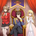  1boy 2girls absurdres amagi_brilliant_park hamihe highres kanie_seiya latifa_fleuranza multiple_girls sento_isuzu sitting tagme throne 