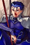  1boy blood blue_hair fate/stay_night fate_(series) gae_bolg lancer long_hair naoko_(juvenile) nosebleed polearm ponytail red_eyes solo spear weapon 