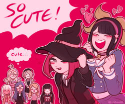  6+girls :3 adjusting_clothes adjusting_headwear akamatsu_kaede antenna_hair black_hair black_hat black_headdress black_jacket black_skirt blonde_hair blue_hair blue_serafuku blue_shirt blue_skirt blunt_bangs blush brown_vest buttons chabashira_tenko closed_eyes closed_mouth collared_shirt commentary crossed_arms danganronpa_(series) danganronpa_v3:_killing_harmony dark-skinned_female dark_skin drop_shadow english_commentary eyewear_on_head glasses grey_eyes hair_over_one_eye hair_ribbon hairband harukawa_maki hat heart iruma_miu jacket korekiyos long_hair long_sleeves multiple_girls navel neck_ribbon one_eye_closed opaque_glasses open_clothes open_jacket open_mouth outline pink_background pink_hairband pink_shirt pink_vest red_hair red_ribbon red_shirt ribbon round_eyewear sailor_collar school_uniform serafuku shirogane_tsumugi shirt short_hair simple_background skirt smile solid_circle_eyes speech_bubble teeth thought_bubble tojo_kirumi twintails upper_teeth_only vest white_hair white_outline white_ribbon white_sailor_collar witch_hat yellow_jacket yonaga_angie yumeno_himiko yuri 