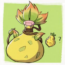  berry_(pokemon) black_eyes closed_mouth colored_skin full_body highres leaf mega_pokemon mega_victreebel no_humans painter_rin pink_lips plant plant_monster pokemon pokemon_(creature) pokemon_focus pokemon_legends:_z-a sitrus_berry victreebel vines yellow_skin 