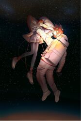  1girl 1other a.i._voice adachi_rei astronaut black_gloves black_thighhighs cable closed_mouth clothes_grab floating gloves grey_shorts headlamp headset highres hirune_(suiminbusoku118) jacket long_sleeves looking_at_another open_clothes open_jacket orange_eyes orange_hair shoes shorts space spacesuit star_(sky) thigh-highs utau white_jacket white_shoes 