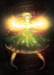  1girl absurdres dress electricity evil_grin evil_smile ghost_tail green_dress green_eyes green_hair grin hat highres kitayuki_kajika looking_at_viewer outstretched_arms smile soga_no_tojiko solo tate_eboshi touhou 