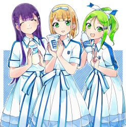  22/7 3girls :d ^_^ blonde_hair bottle bow bow_hairband center-flap_bangs closed_eyes closed_mouth collared_dress crescent crescent_hair_ornament dress emblem fanged_bangs feet_out_of_frame green_eyes green_hair hair_ornament hairband half_updo high_ponytail highres holding holding_bottle ichinose_hotaru kiryu_touko long_hair looking_at_viewer mole mole_under_eye multiple_girls open_mouth parted_bangs plastic_bottle ponytail purple_hair saito_nicole short_hair short_sleeves smile standing trefle_r v white_bow white_hairband 