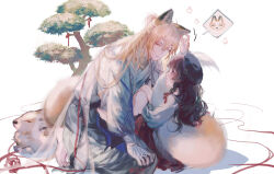  1boy 1girl :d alkaid_mcgrath animal_ears artist_name barefoot beret black_hair black_hat black_nails blonde_hair blunt_bangs braid cape cardigan chinese_clothes chinese_commentary closed_eyes closed_mouth couple expressionless facing_another flower_symbol fox fox_boy fox_ears from_side full_body gloves hair_between_eyes hair_ribbon half_updo hand_on_another&#039;s_ear hand_on_own_knee hanfu happy hat head_chain heroine_(lovebrush_chronicles) hetero highres hugging_another&#039;s_tail hugging_tail jewelry kemonomimi_mode kneeling knees_up leaning_forward long_hair long_sleeves looking_at_another lovebrush_chronicles motion_lines partially_fingerless_gloves profile puffy_long_sleeves puffy_sleeves red_ribbon red_skirt ribbon robe see-through_cape see-through_clothes sharp_toenails side_braid sinko123 sitting skirt smile spoken_animal tail tail_around_another&#039;s_waist tail_wrap toenails tree violet_eyes white_background white_cape white_cardigan white_gloves white_hanfu white_robe 