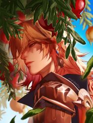  1boy absurdres armor black_coat blonde_hair blue_sky coat commentary english_commentary food from_side fruit gradient_hair hair_between_eyes highres honkai:_star_rail honkai_(series) looking_at_viewer male_focus medium_hair multicolored_hair mydei_(honkai:_star_rail) pauldrons peejdoodles pomegranate red_hair shoulder_armor sideways_glance single_pauldron sky solo yellow_eyes 