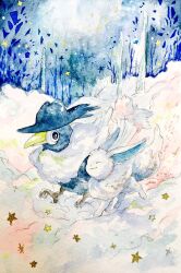  alternate_color animal_focus black_eyes closed_mouth commentary_request eevee full_body highres honchkrow mint_nappa no_humans outdoors painting_(medium) pokemon pokemon_(creature) shiny_pokemon smile snow traditional_media tree watercolor_(medium) winter 