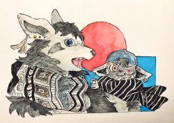  animal_ear_piercing backwards_hat blue_hat border clothed_pokemon commentary evolutionary_line hat highres looking_at_viewer mightyena mint_nappa no_humans open_mouth painting_(medium) pawpads pokemon pokemon_(creature) poochyena red_eyes red_sun scarf traditional_media watercolor_(medium) white_border 