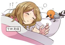  1girl bird blanket blonde_hair blush closed_mouth fletchling highres long_hair pajamas parted_lips pillow pink_pajamas pokemon pokemon_(creature) pokemon_xy rain_(tonight_862) serena_(pokemon) simple_background sleeping under_covers 
